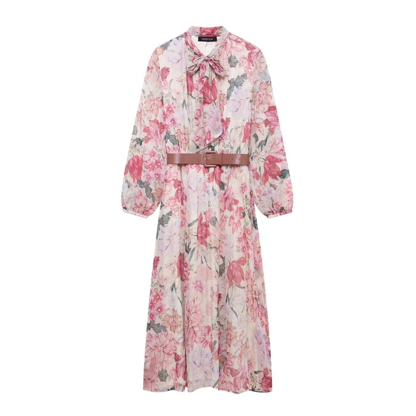 Women's long sleeved dress with belt tie and floral print eprolo