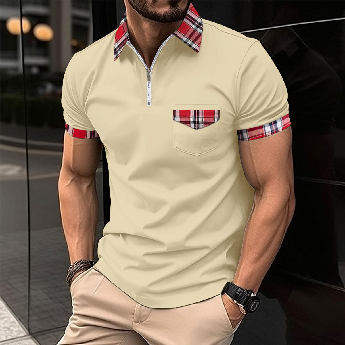 Checkered polo shirt with zipper pocket for men's sports polo shirt eprolo