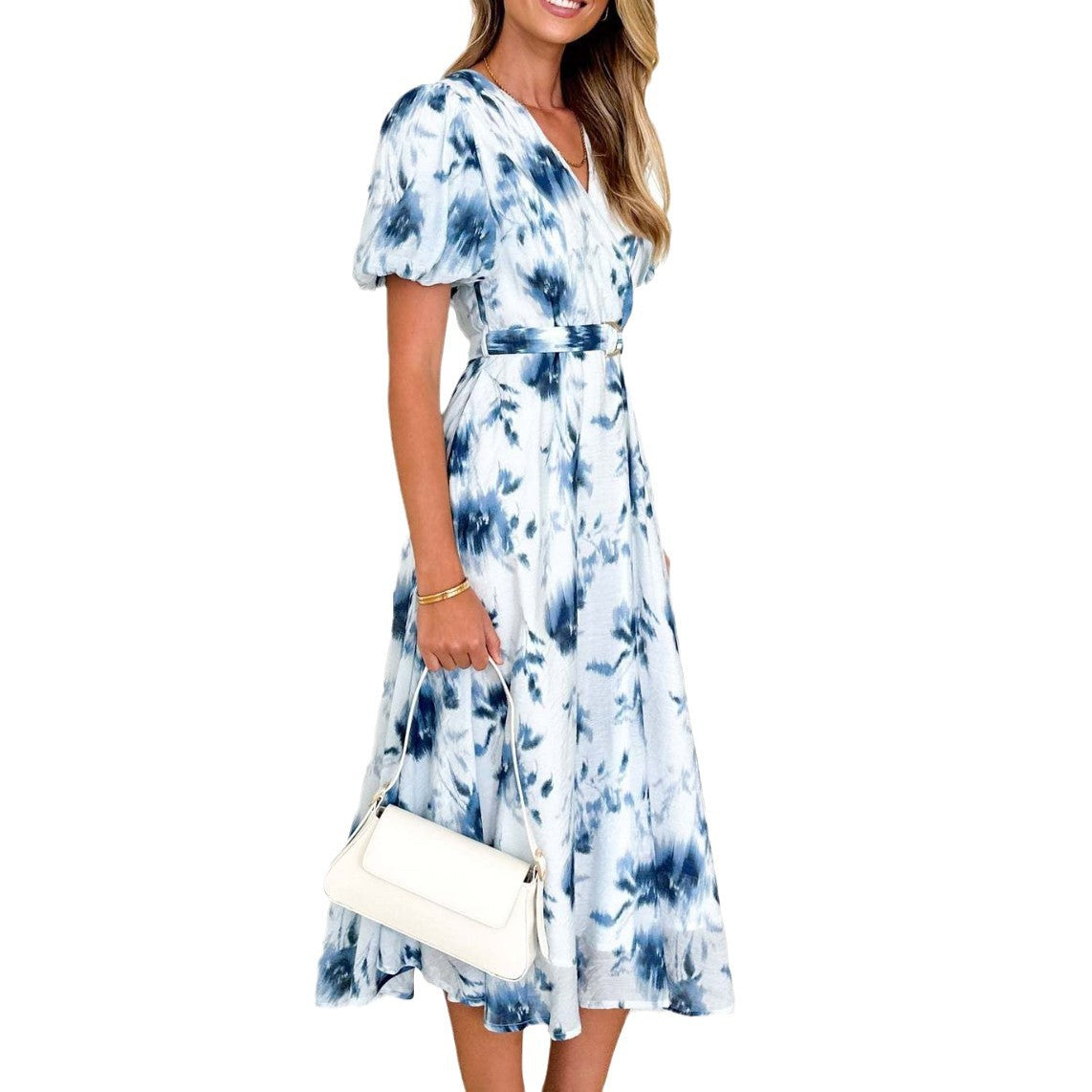 Women's Bubble Sleeve High end Printed Sexy Style Women's V-neck Dress for Women eprolo