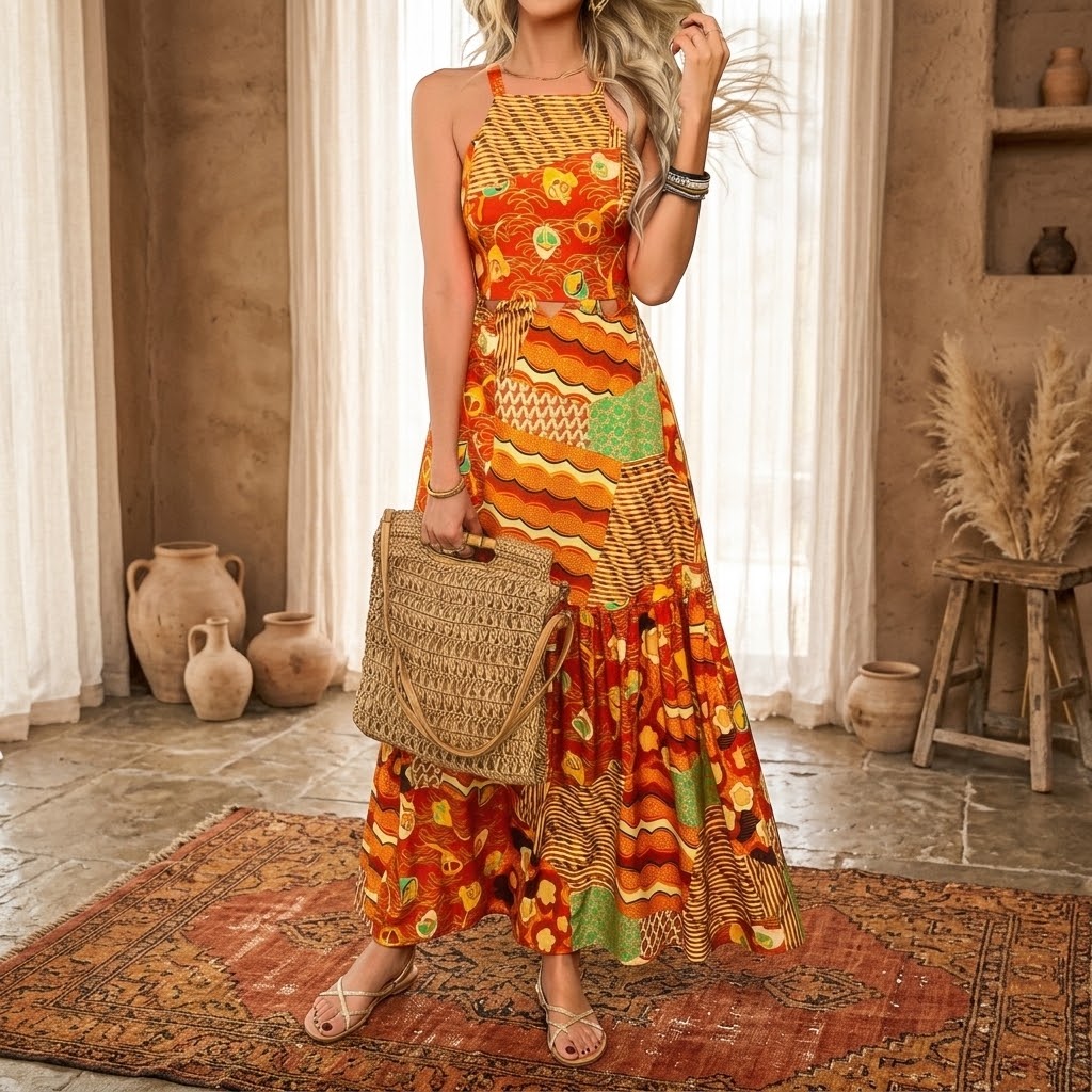 Allover Print Sleeveless Cross Back Cut Out Dress