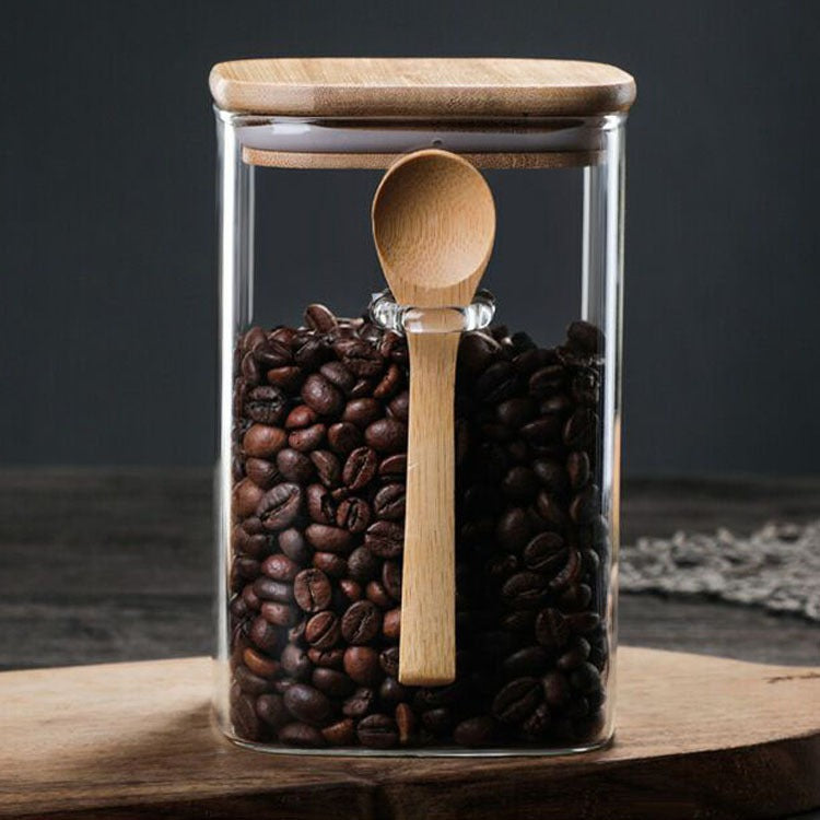 boite de rangement carrée en verre, boite pour grains de café avec cuillère