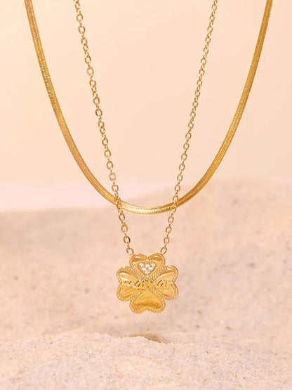 2 Piece 18K Gold-Plated Inlaid Zircon Lucky Clover Necklace eprolo