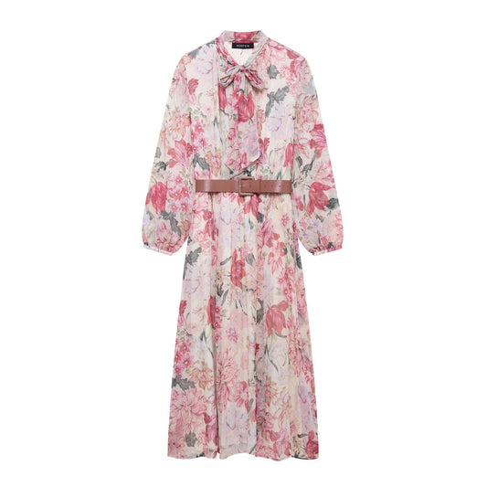Women's long sleeved dress with belt tie and floral print eprolo