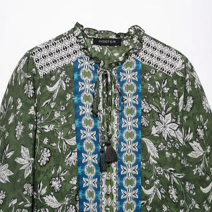 Lace collar lace up print loose long sleeved dress for women eprolo