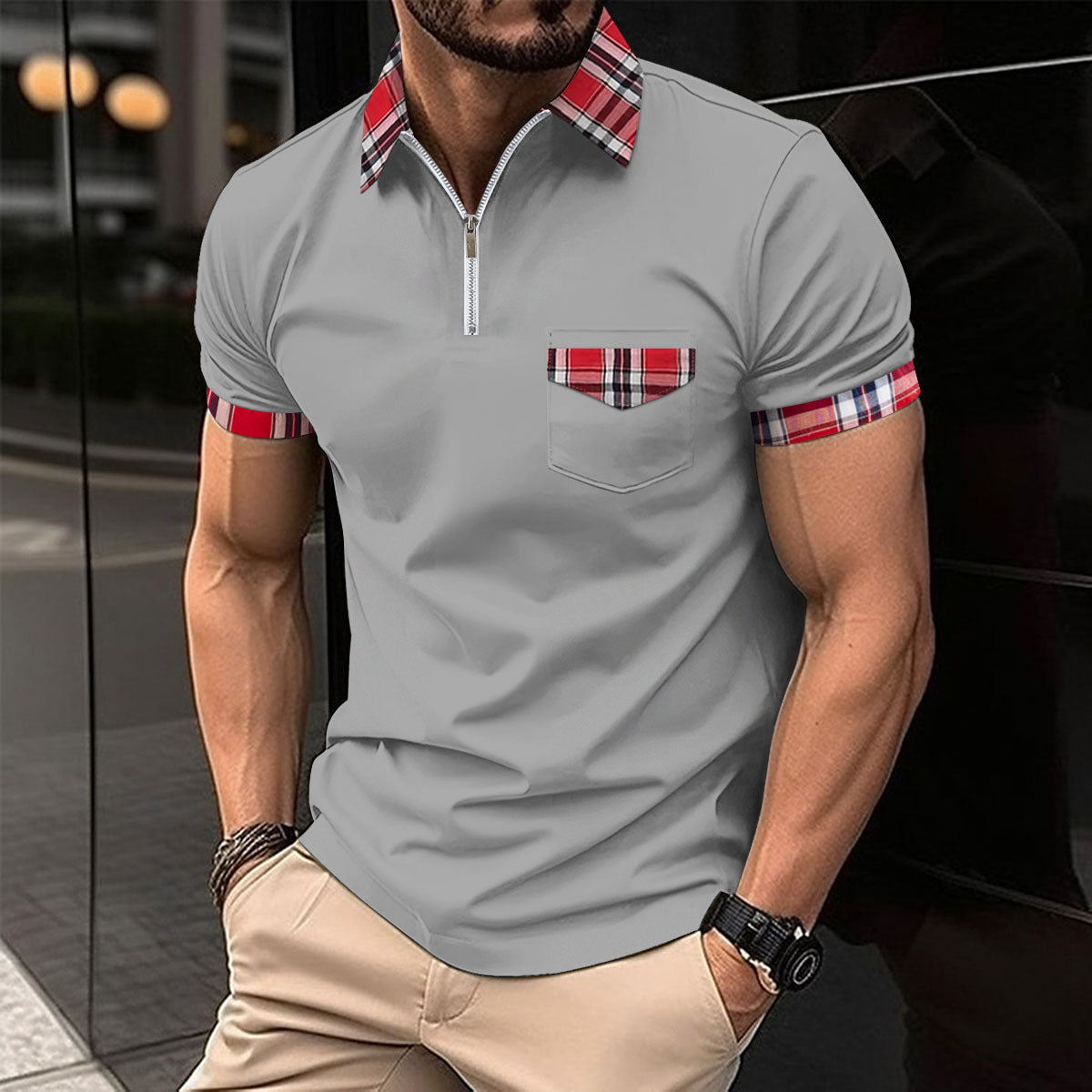 Checkered polo shirt with zipper pocket for men's sports polo shirt eprolo