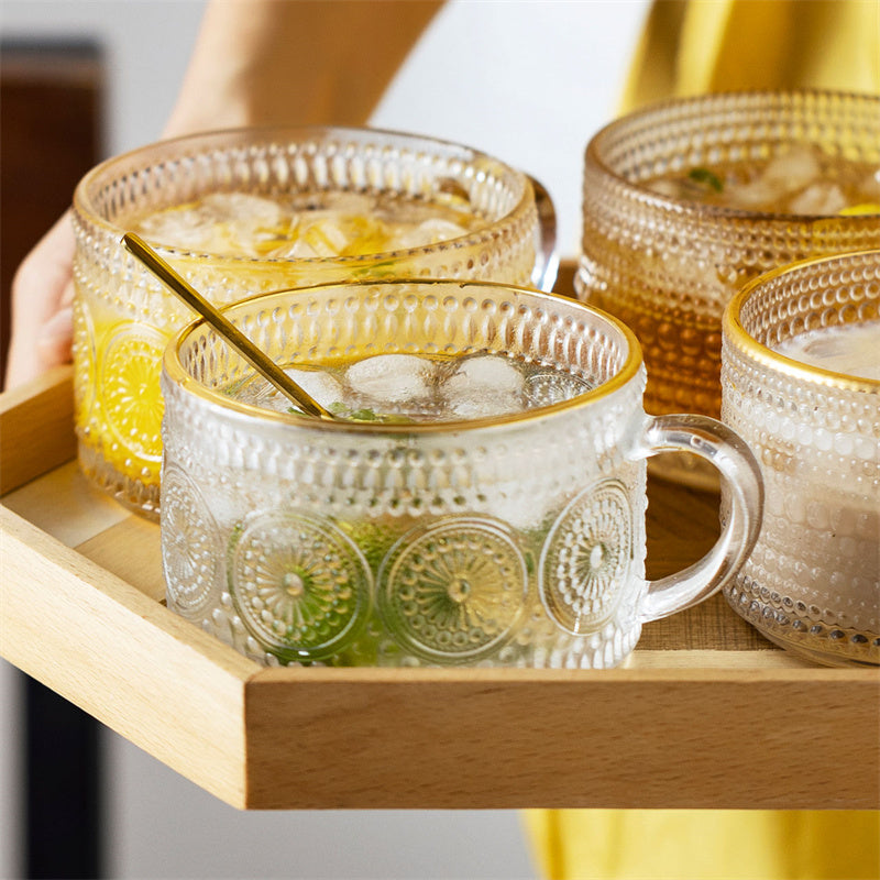 tasse à lait, tasse en verre gaufré tournesol, tasse à eau avec poignée - le sable vert