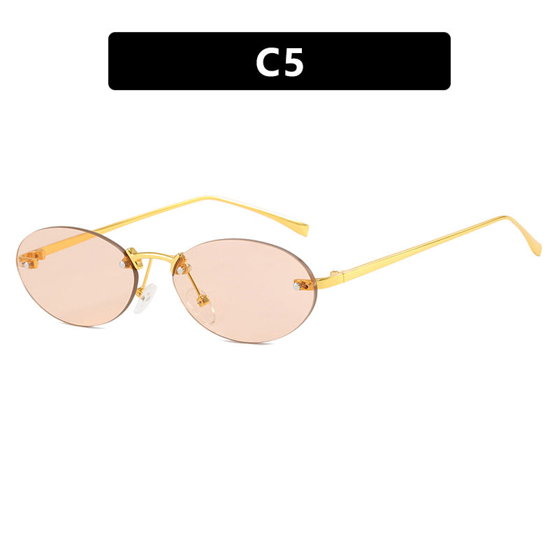 lunettes de soleil, lunettes elliptiques sans cadre avec rivets, nouvelles lunettes de soleil tendance, lunettes de soleil tendance pour femme