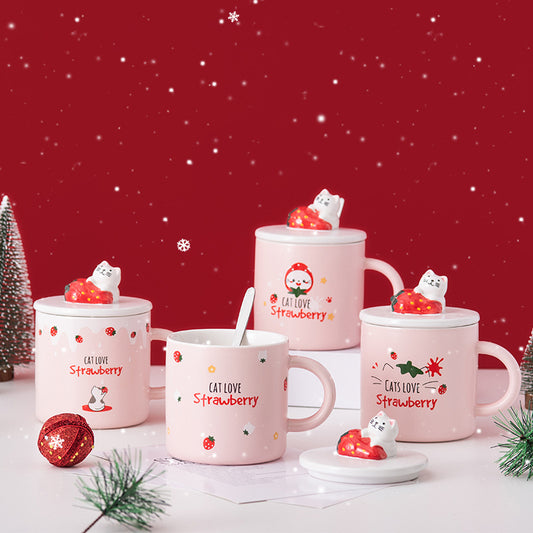 tasse en céramique créative avec couvercle, jolie tasse à fraises, beau cadeau de Noel - le sable vert