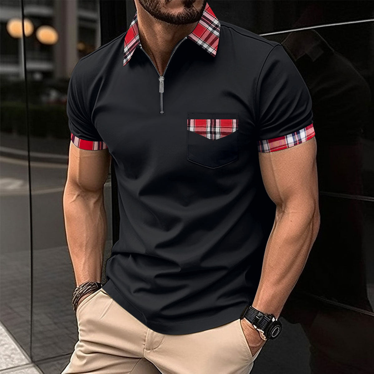 Checkered polo shirt with zipper pocket for men's sports polo shirt eprolo
