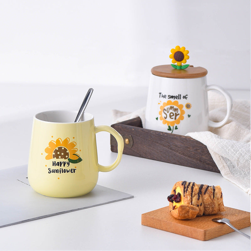 tasse en céramique créative avec couvercle, tasse de petit déjeuner en forme de tournesol - le sable vert