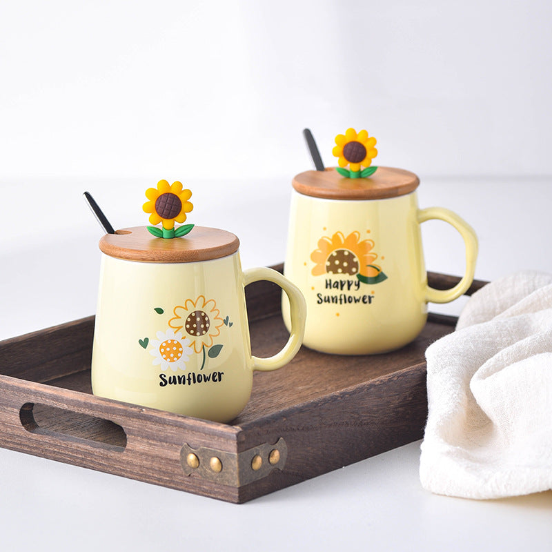 tasse en céramique créative avec couvercle, tasse de petit déjeuner en forme de tournesol - le sable vert