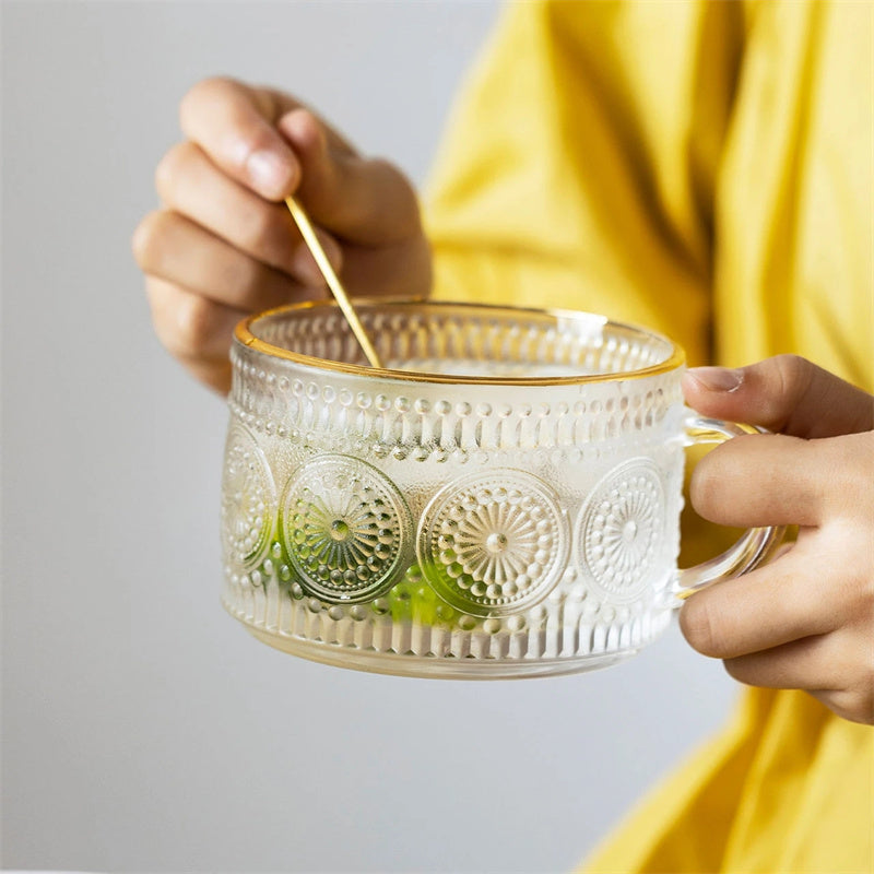 tasse à lait, tasse en verre gaufré tournesol, tasse à eau avec poignée - le sable vert