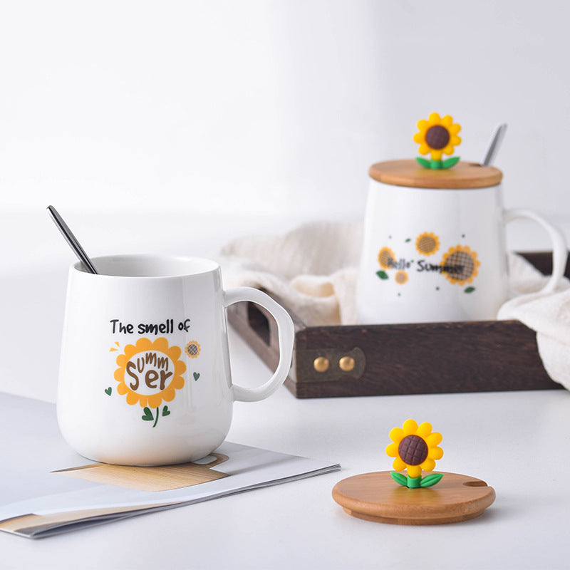 tasse en céramique créative avec couvercle, tasse de petit déjeuner en forme de tournesol - le sable vert