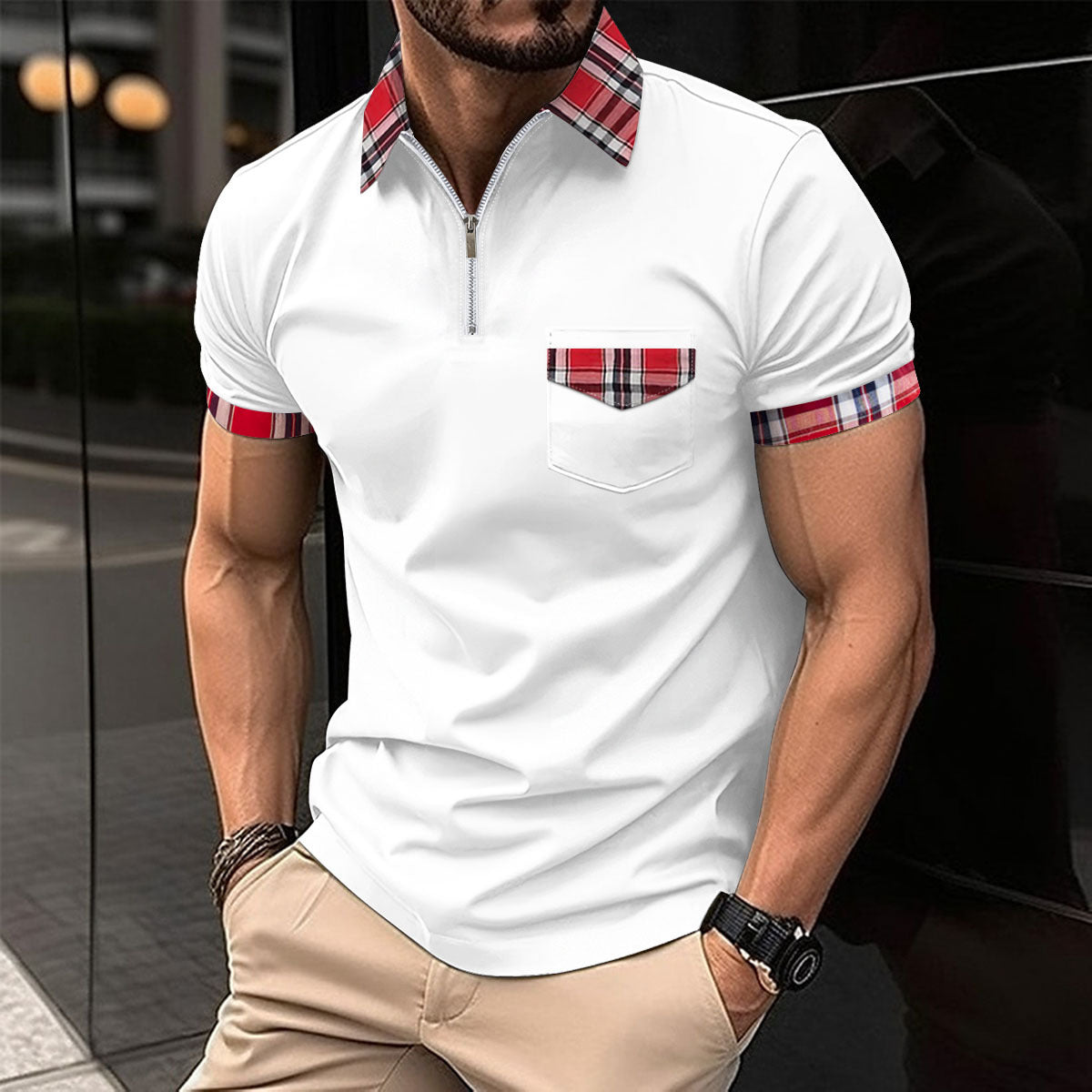 Checkered polo shirt with zipper pocket for men's sports polo shirt eprolo