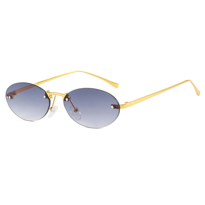 lunettes de soleil, lunettes elliptiques sans cadre avec rivets, nouvelles lunettes de soleil tendance, lunettes de soleil tendance pour femme