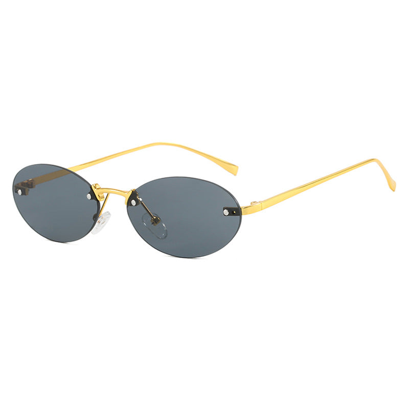 lunettes de soleil, lunettes elliptiques sans cadre avec rivets, nouvelles lunettes de soleil tendance, lunettes de soleil tendance pour femme