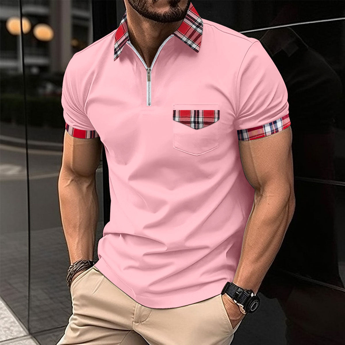 Checkered polo shirt with zipper pocket for men's sports polo shirt eprolo