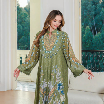 Muslim Women's Printed Dress Middle Eastern Embroidered Beaded Long Robe  Women's Long Skirt eprolo
