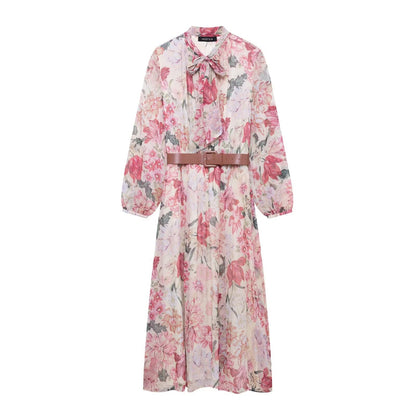 Women's long sleeved dress with belt tie and floral print eprolo
