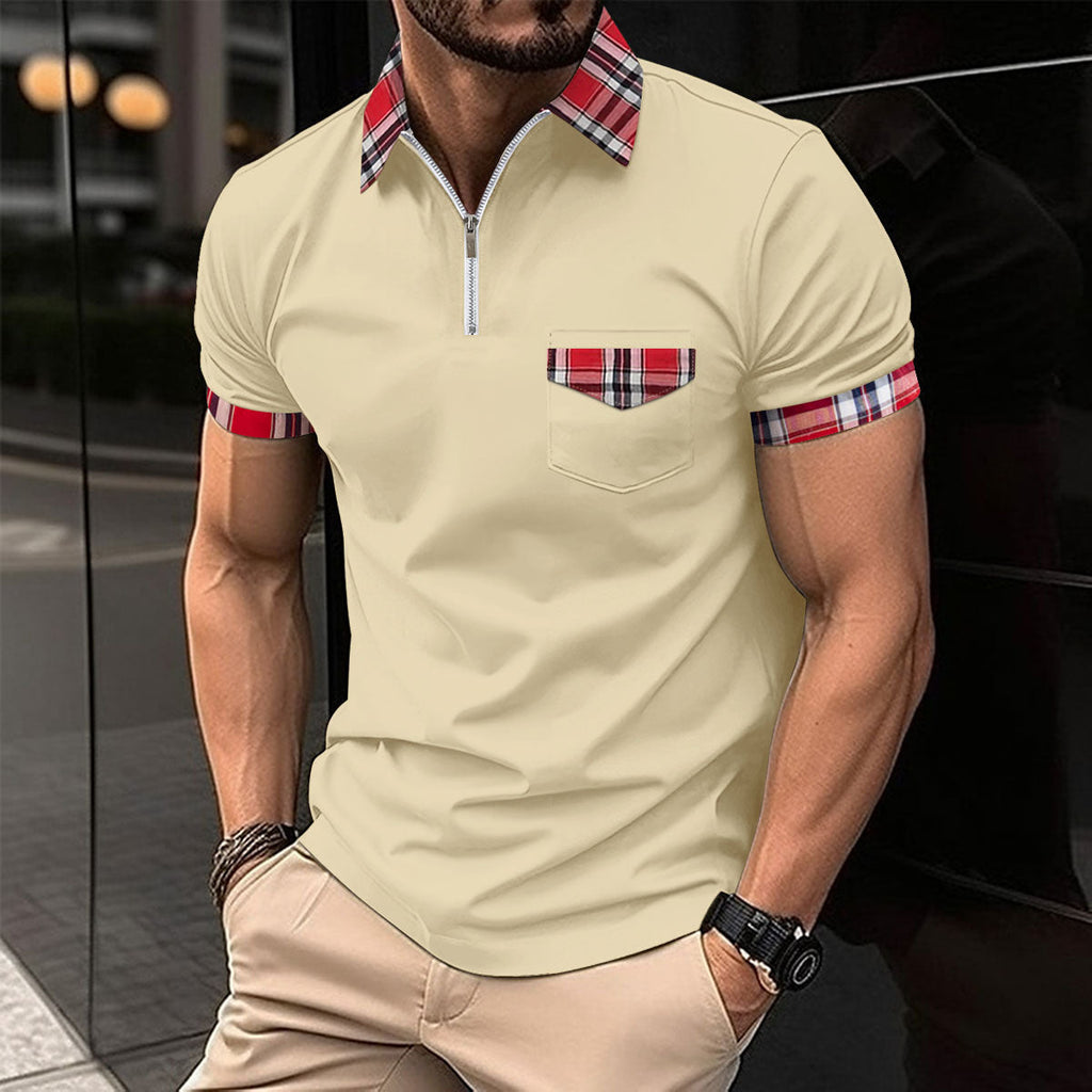 Checkered polo shirt with zipper pocket for men's sports polo shirt eprolo