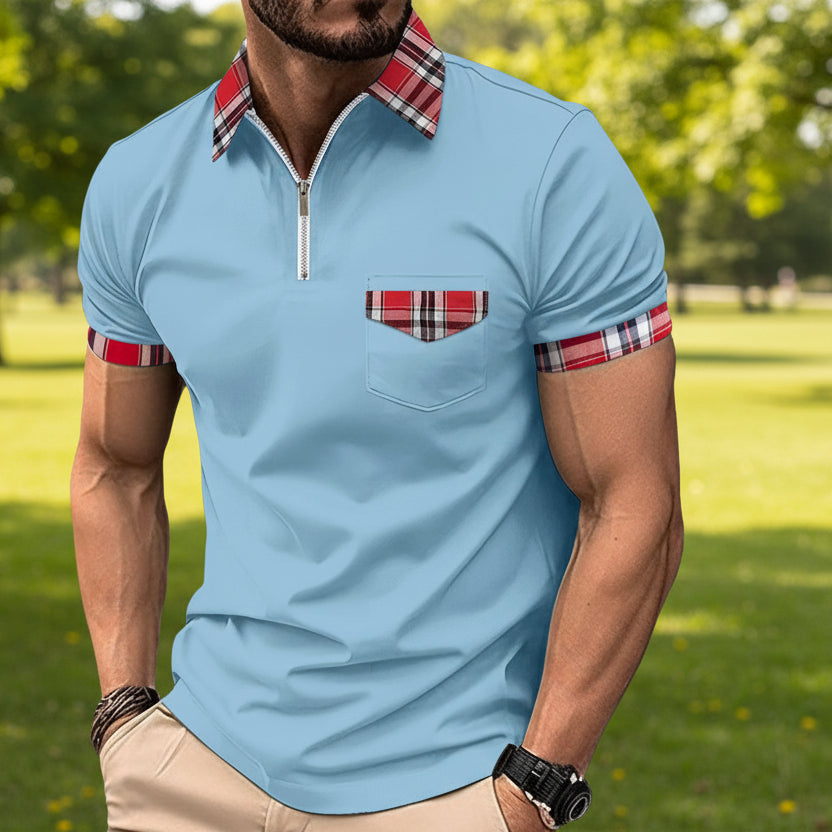 Checkered polo shirt with zipper pocket for men's sports polo shirt eprolo