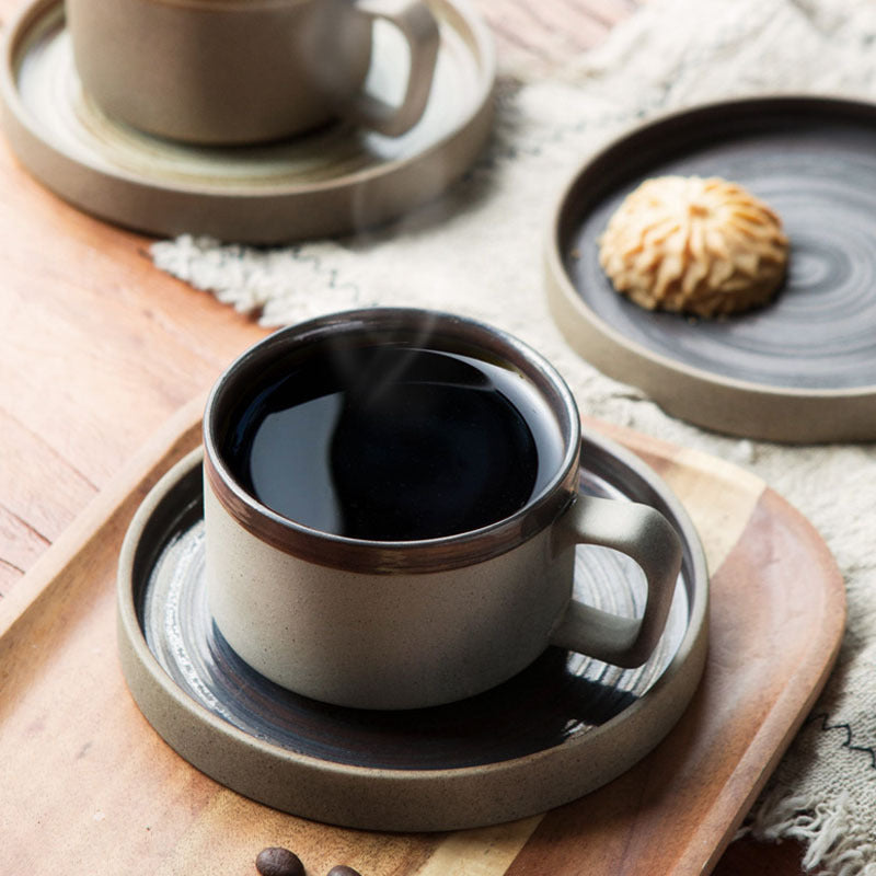 Coarse pottery coffee cup and plate set creative handmade retro coffee cup artistic cup plate milk cup