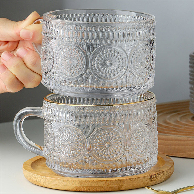 tasse à lait, tasse en verre gaufré tournesol, tasse à eau avec poignée - le sable vert