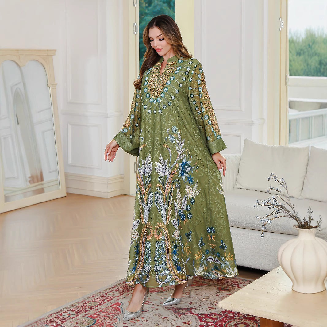 Muslim Women's Printed Dress Middle Eastern Embroidered Beaded Long Robe  Women's Long Skirt eprolo