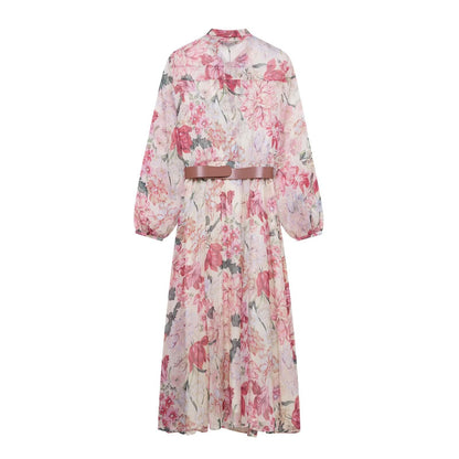 Women's long sleeved dress with belt tie and floral print eprolo