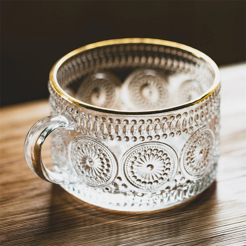 tasse à lait, tasse en verre gaufré tournesol, tasse à eau avec poignée - le sable vert