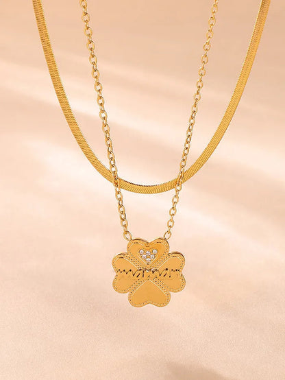 2 Piece 18K Gold-Plated Inlaid Zircon Lucky Clover Necklace eprolo