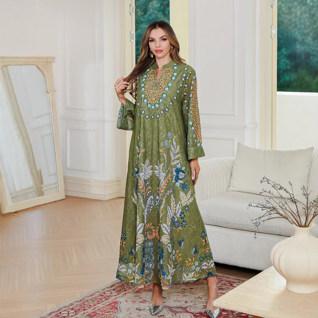 Muslim Women's Printed Dress Middle Eastern Embroidered Beaded Long Robe  Women's Long Skirt eprolo