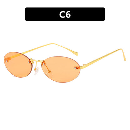 lunettes de soleil, lunettes elliptiques sans cadre avec rivets, nouvelles lunettes de soleil tendance, lunettes de soleil tendance pour femme