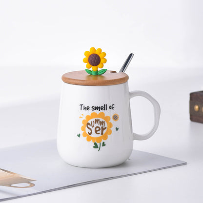 tasse en céramique créative avec couvercle, tasse de petit déjeuner en forme de tournesol - le sable vert