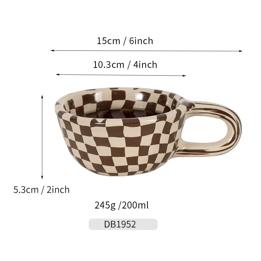 tasse à café en céramique de 300 ml, rétro, couple, grille en damier, petite capacité