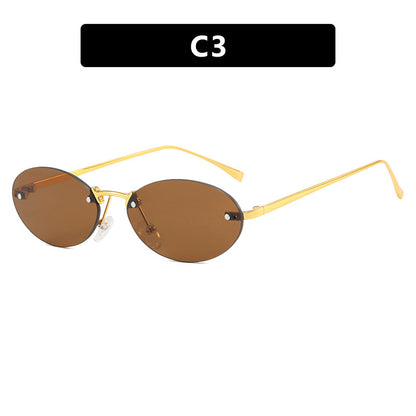 lunettes de soleil, lunettes elliptiques sans cadre avec rivets, nouvelles lunettes de soleil tendance, lunettes de soleil tendance pour femme