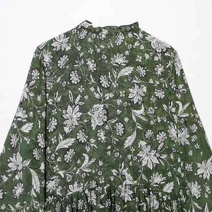 Lace collar lace up print loose long sleeved dress for women eprolo