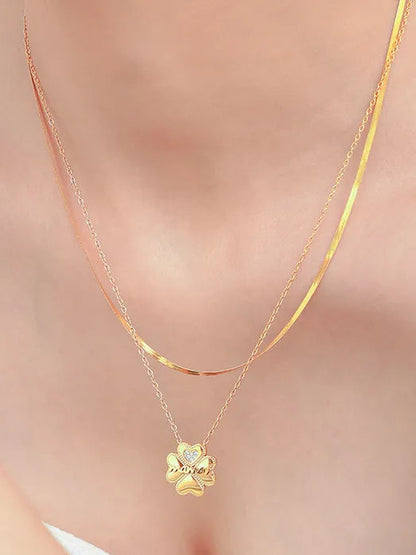 2 Piece 18K Gold-Plated Inlaid Zircon Lucky Clover Necklace eprolo