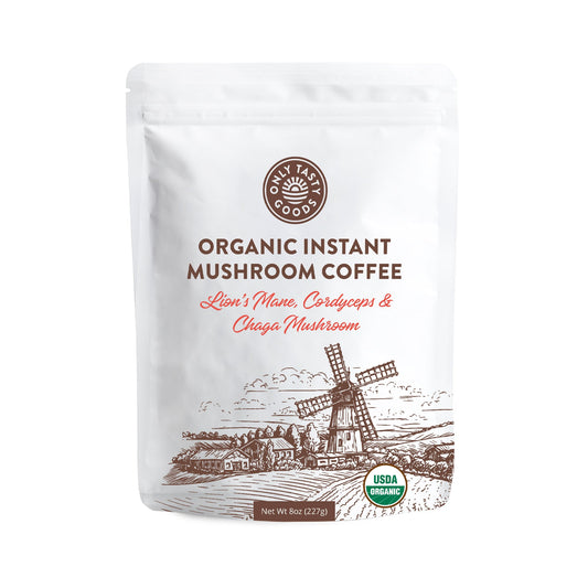 café instantané aux champignons biologiques avec crinière de lion Cordyceps Chaga légèrement sucré avec du lait de cajou Stevia 8 oz - le sable vert