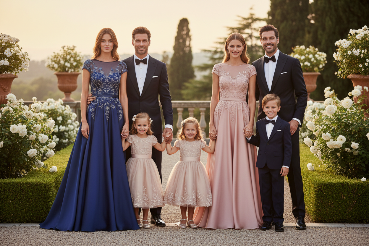 élégantes femmes portant des belles robes avec leurs maris et les enfants à coté